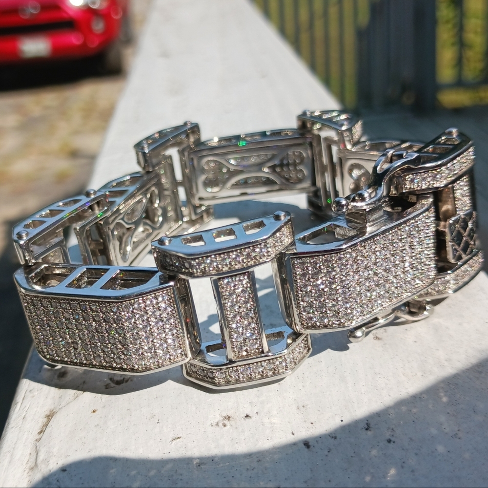 Mens Custom Solid Sterling Silver Braclet With 15 Ct Moissanite Fits 8"-9" New